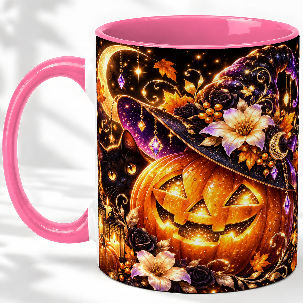 #pl[11oz|Pink] Halloween Cat Ceramic Mug with Pumpkin, Witch Hat and Moon Artwork