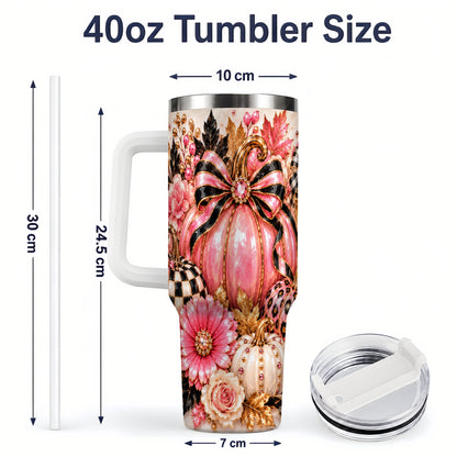 #pl[40oz|White] Pink Pumpkin 40oz Tumbler with Bow, Floral and Checkered Fall Artwork