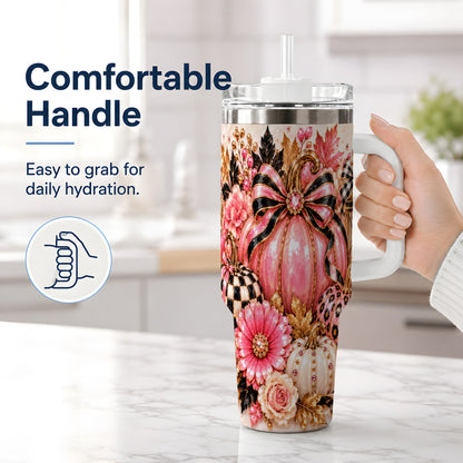 #pl[40oz|White] Pink Pumpkin 40oz Tumbler with Bow, Floral and Checkered Fall Artwork