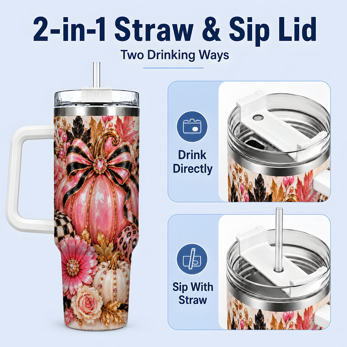 #pl[40oz|White] Pink Pumpkin 40oz Tumbler with Bow, Floral and Checkered Fall Artwork