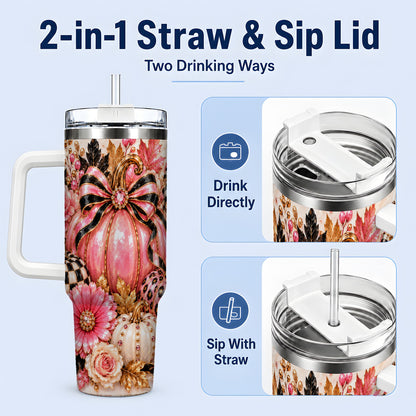 #pl[40oz|White] Pink Pumpkin 40oz Tumbler with Bow, Floral and Checkered Fall Artwork