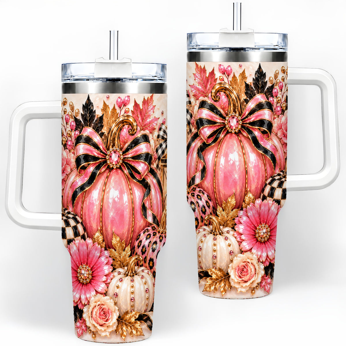 Pink Pumpkin 40oz Tumbler with Bow, Floral and Checkered Fall Artwork