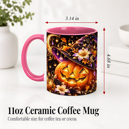 #pl[11oz|Pink] Halloween Cat Ceramic Mug with Pumpkin, Witch Hat and Moon Artwork