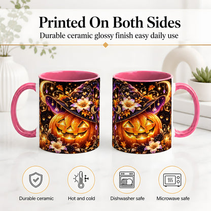 #pl[11oz|Pink] Halloween Cat Ceramic Mug with Pumpkin, Witch Hat and Moon Artwork