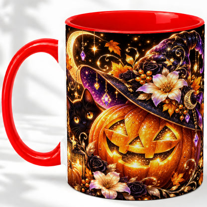 Halloween Cat Ceramic Mug with Pumpkin, Witch Hat and Moon Artwork