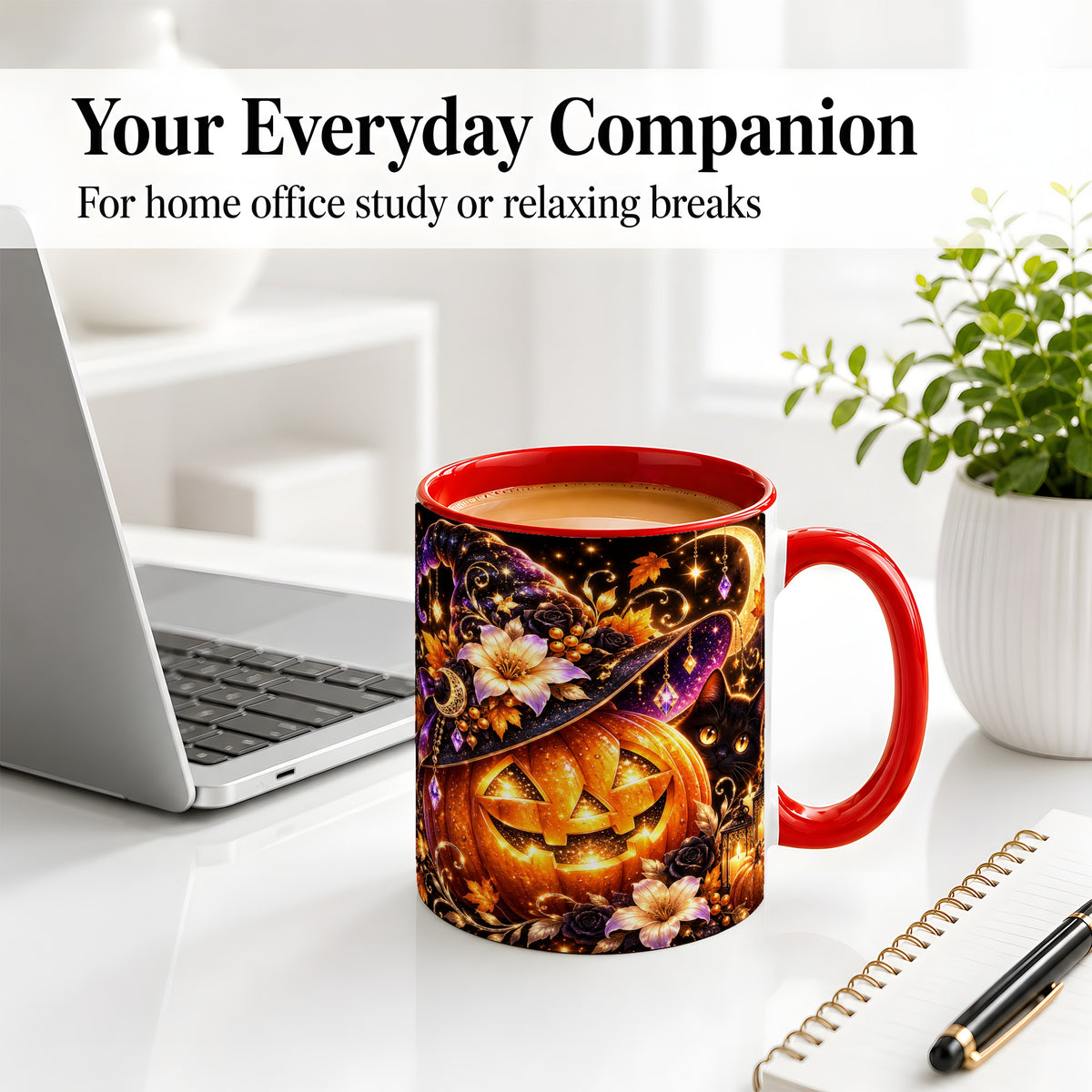#pl[11oz|Red] Halloween Cat Ceramic Mug with Pumpkin, Witch Hat and Moon Artwork