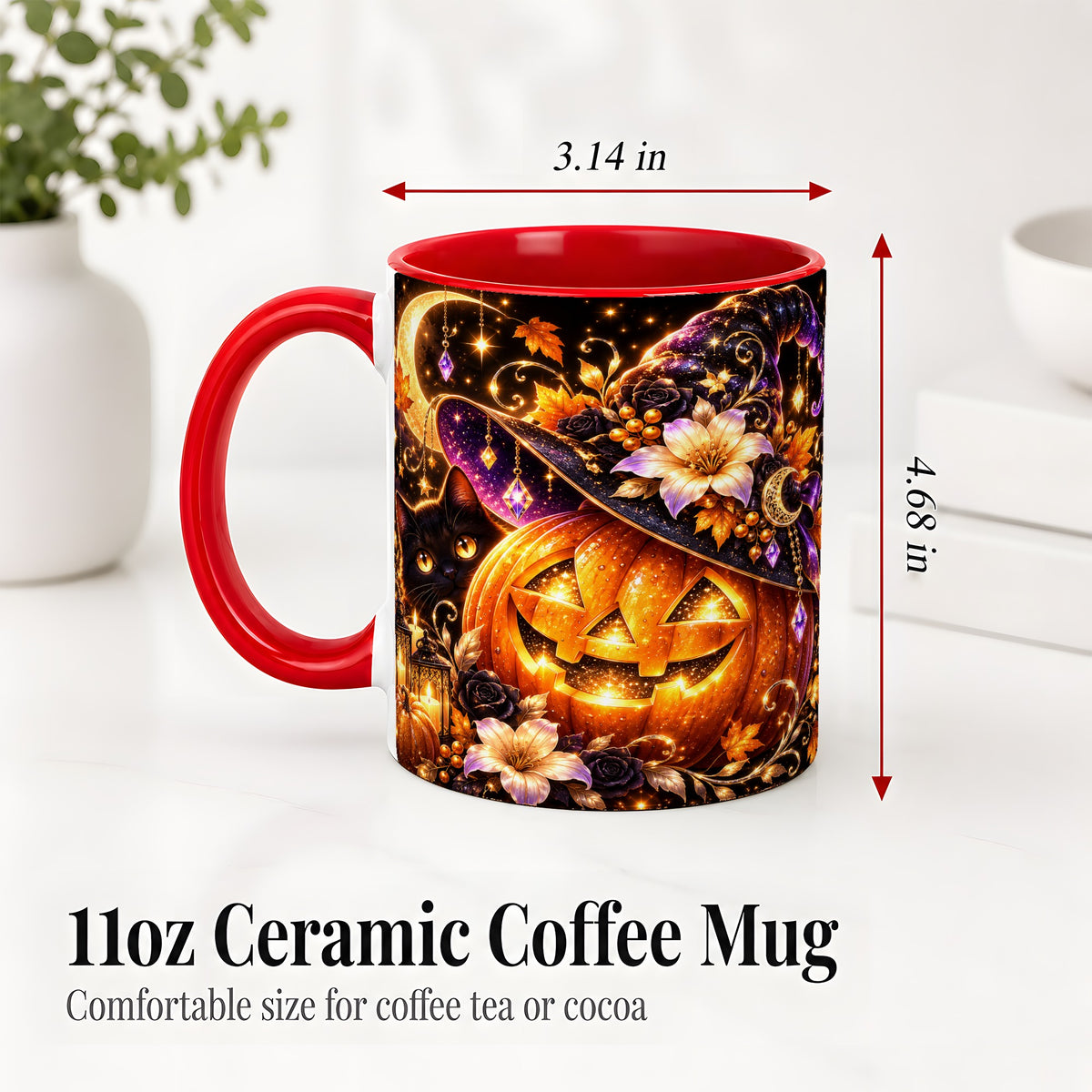 #pl[11oz|Red] Halloween Cat Ceramic Mug with Pumpkin, Witch Hat and Moon Artwork