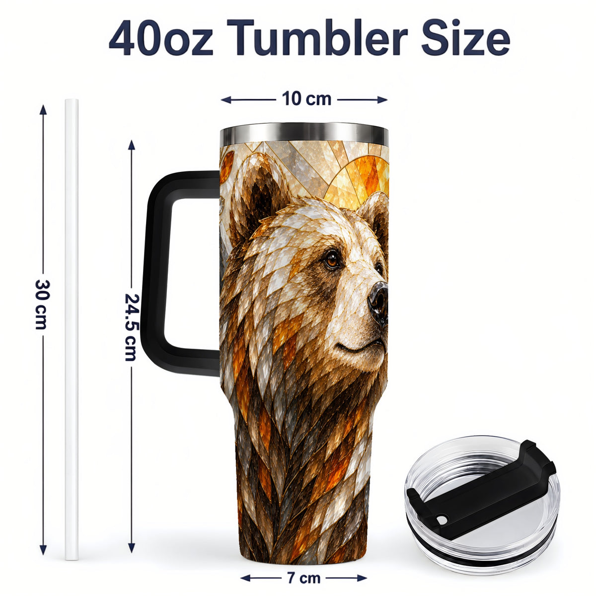 #pl[40oz|Black] Autumn Bear 40oz Tumbler with Stained Glass Style Forest and Sun Artwork