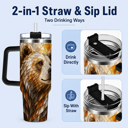 #pl[40oz|Black] Autumn Bear 40oz Tumbler with Stained Glass Style Forest and Sun Artwork