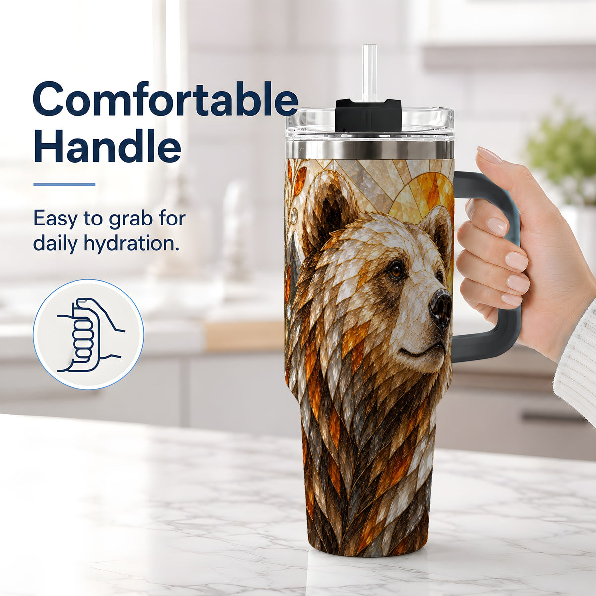 #pl[40oz|Black] Autumn Bear 40oz Tumbler with Stained Glass Style Forest and Sun Artwork