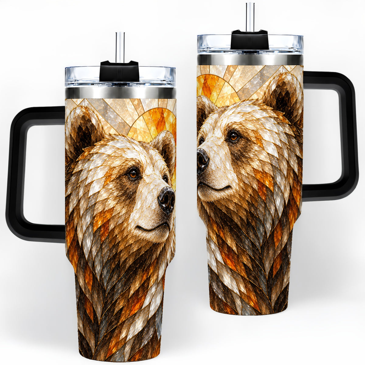 #pl[40oz|Black] Autumn Bear 40oz Tumbler with Stained Glass Style Forest and Sun Artwork