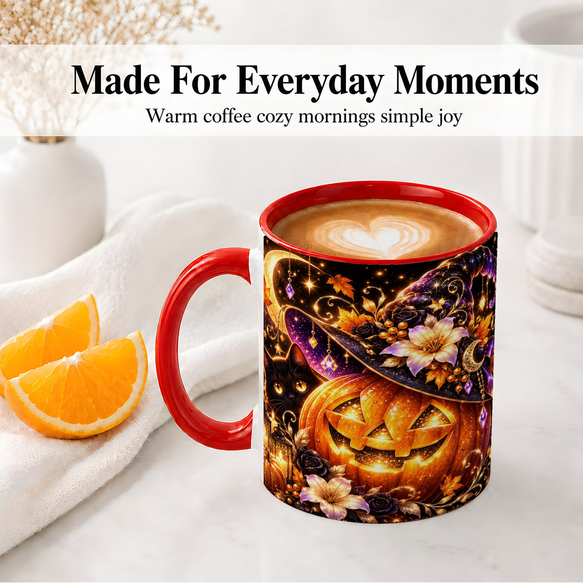 #pl[11oz|Red] Halloween Cat Ceramic Mug with Pumpkin, Witch Hat and Moon Artwork