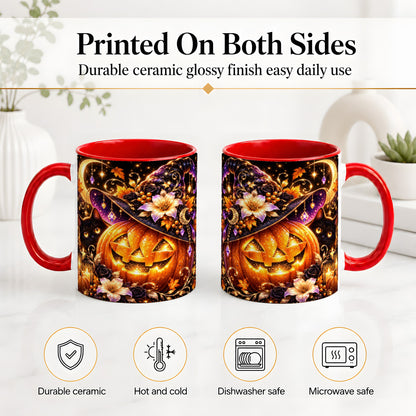 #pl[11oz|Red] Halloween Cat Ceramic Mug with Pumpkin, Witch Hat and Moon Artwork