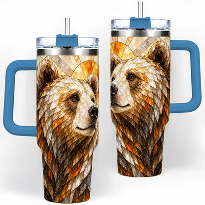 #pl[40oz|Blue] Autumn Bear 40oz Tumbler with Stained Glass Style Forest and Sun Artwork