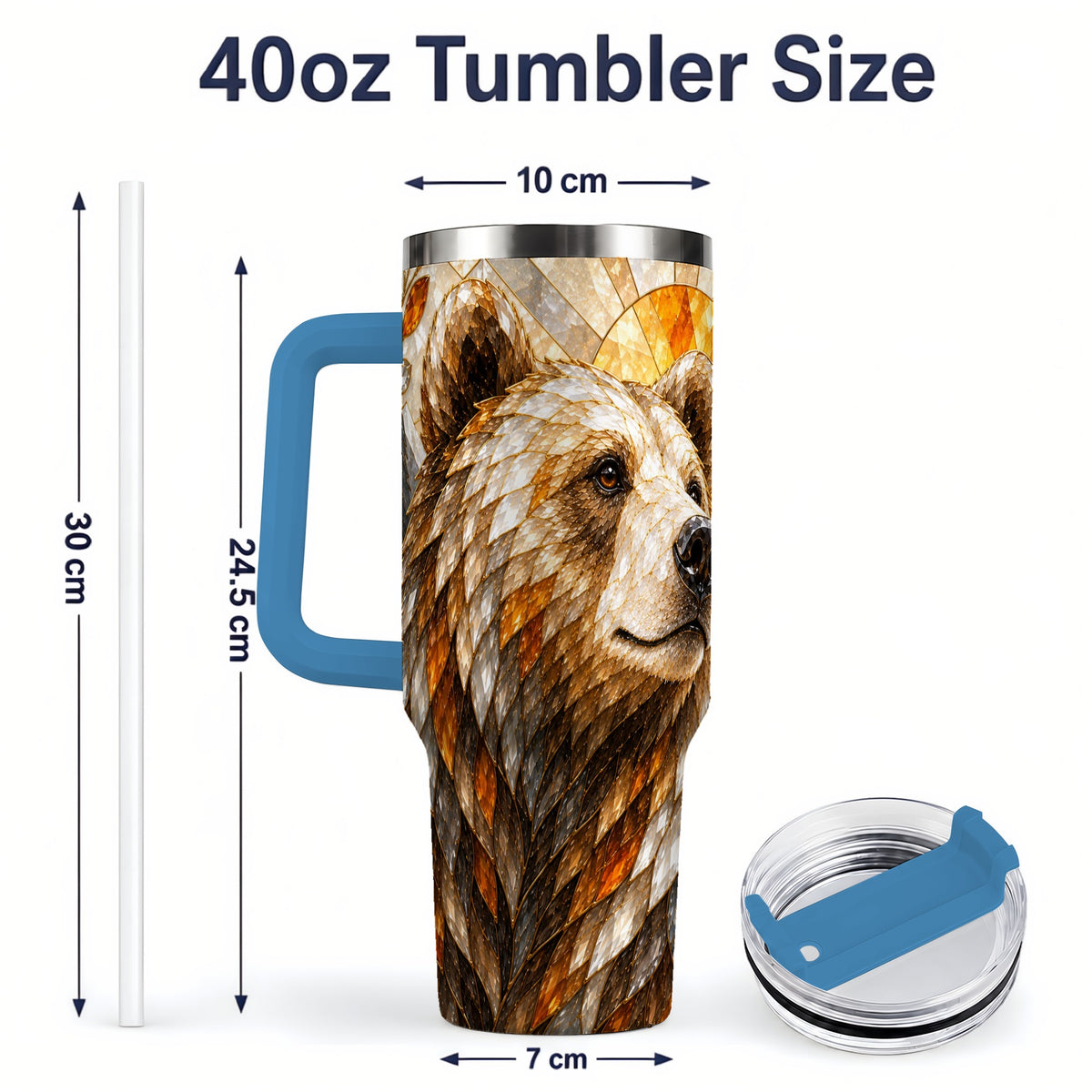 #pl[40oz|Blue] Autumn Bear 40oz Tumbler with Stained Glass Style Forest and Sun Artwork