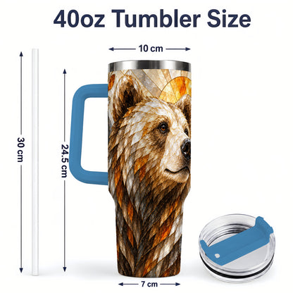 #pl[40oz|Blue] Autumn Bear 40oz Tumbler with Stained Glass Style Forest and Sun Artwork