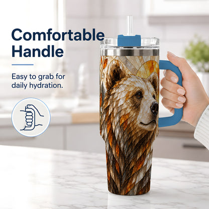 #pl[40oz|Blue] Autumn Bear 40oz Tumbler with Stained Glass Style Forest and Sun Artwork
