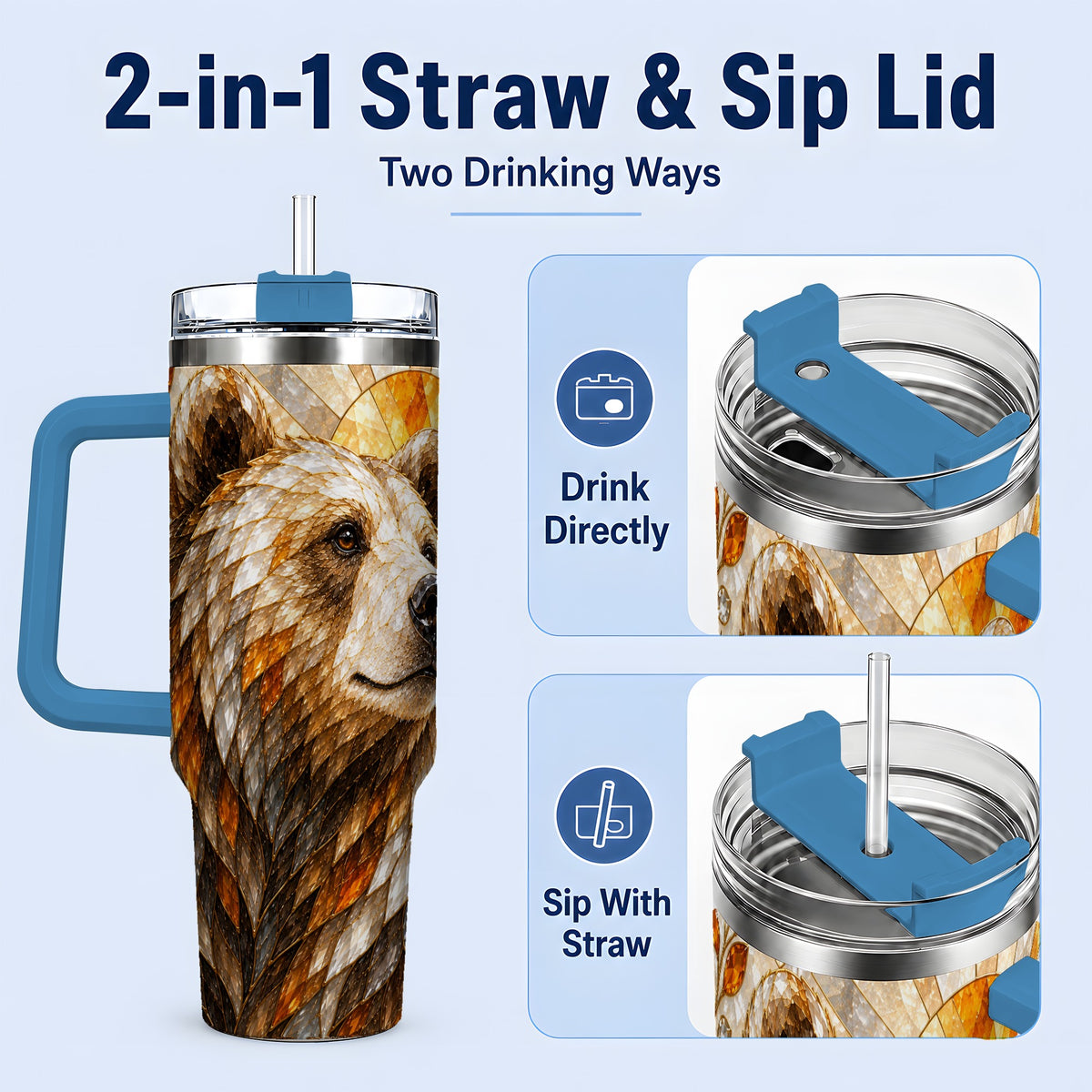 #pl[40oz|Blue] Autumn Bear 40oz Tumbler with Stained Glass Style Forest and Sun Artwork
