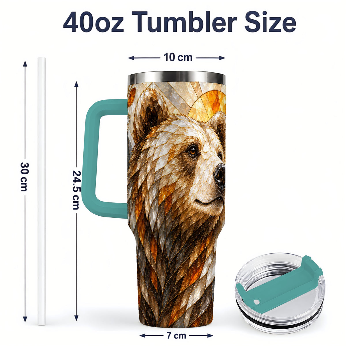 #pl[40oz|Green] Autumn Bear 40oz Tumbler with Stained Glass Style Forest and Sun Artwork