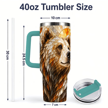 #pl[40oz|Green] Autumn Bear 40oz Tumbler with Stained Glass Style Forest and Sun Artwork