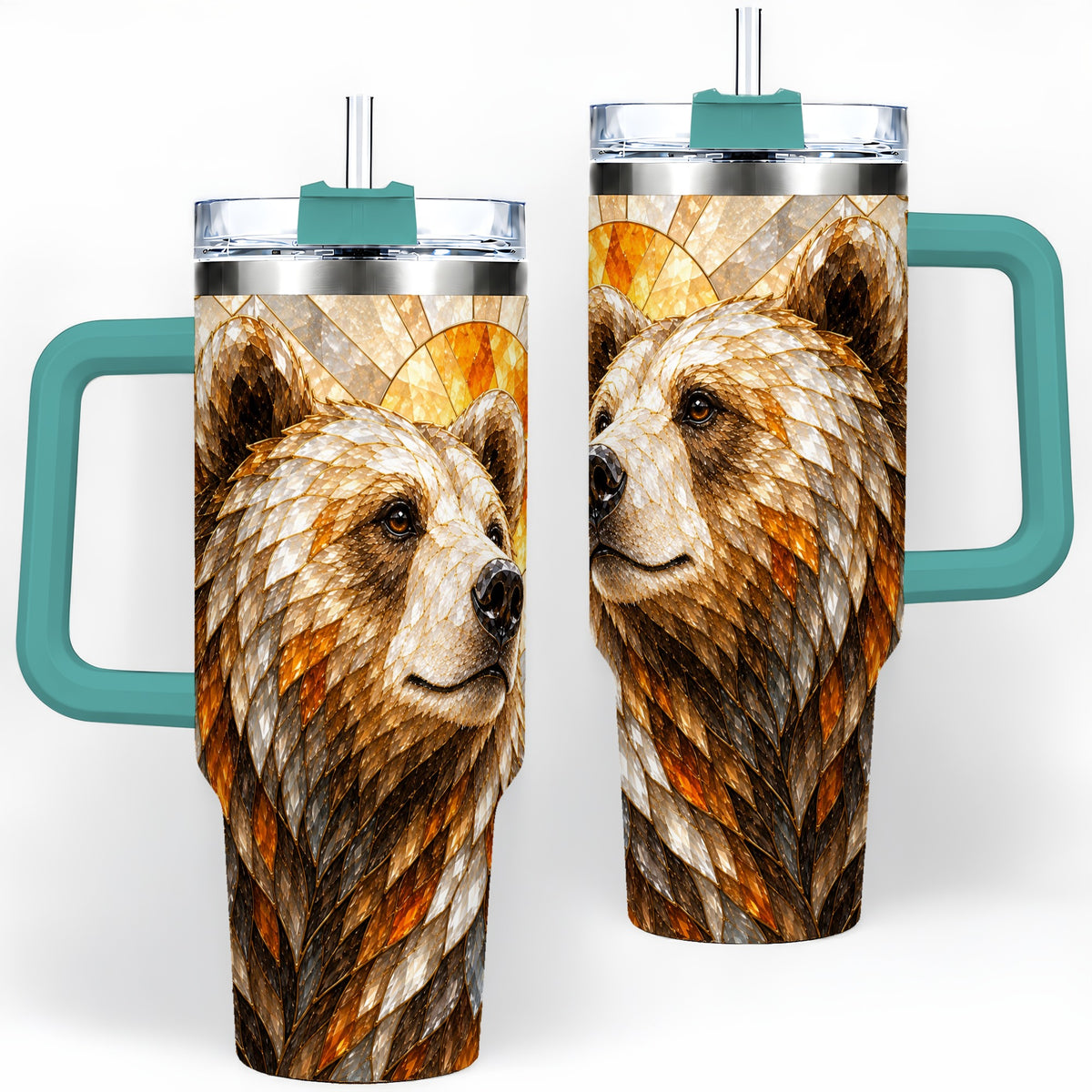 #pl[40oz|Green] Autumn Bear 40oz Tumbler with Stained Glass Style Forest and Sun Artwork