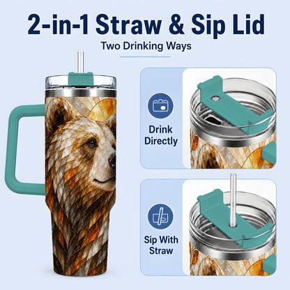 #pl[40oz|Green] Autumn Bear 40oz Tumbler with Stained Glass Style Forest and Sun Artwork