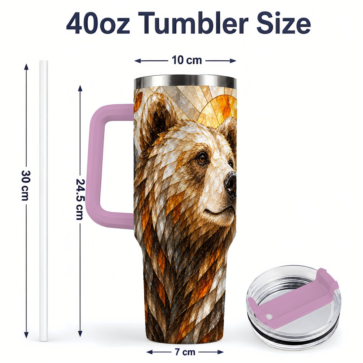 #pl[40oz|Pink] Autumn Bear 40oz Tumbler with Stained Glass Style Forest and Sun Artwork