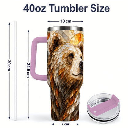 #pl[40oz|Pink] Autumn Bear 40oz Tumbler with Stained Glass Style Forest and Sun Artwork
