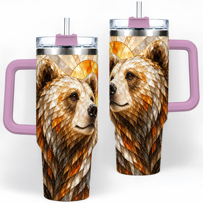 #pl[40oz|Pink] Autumn Bear 40oz Tumbler with Stained Glass Style Forest and Sun Artwork