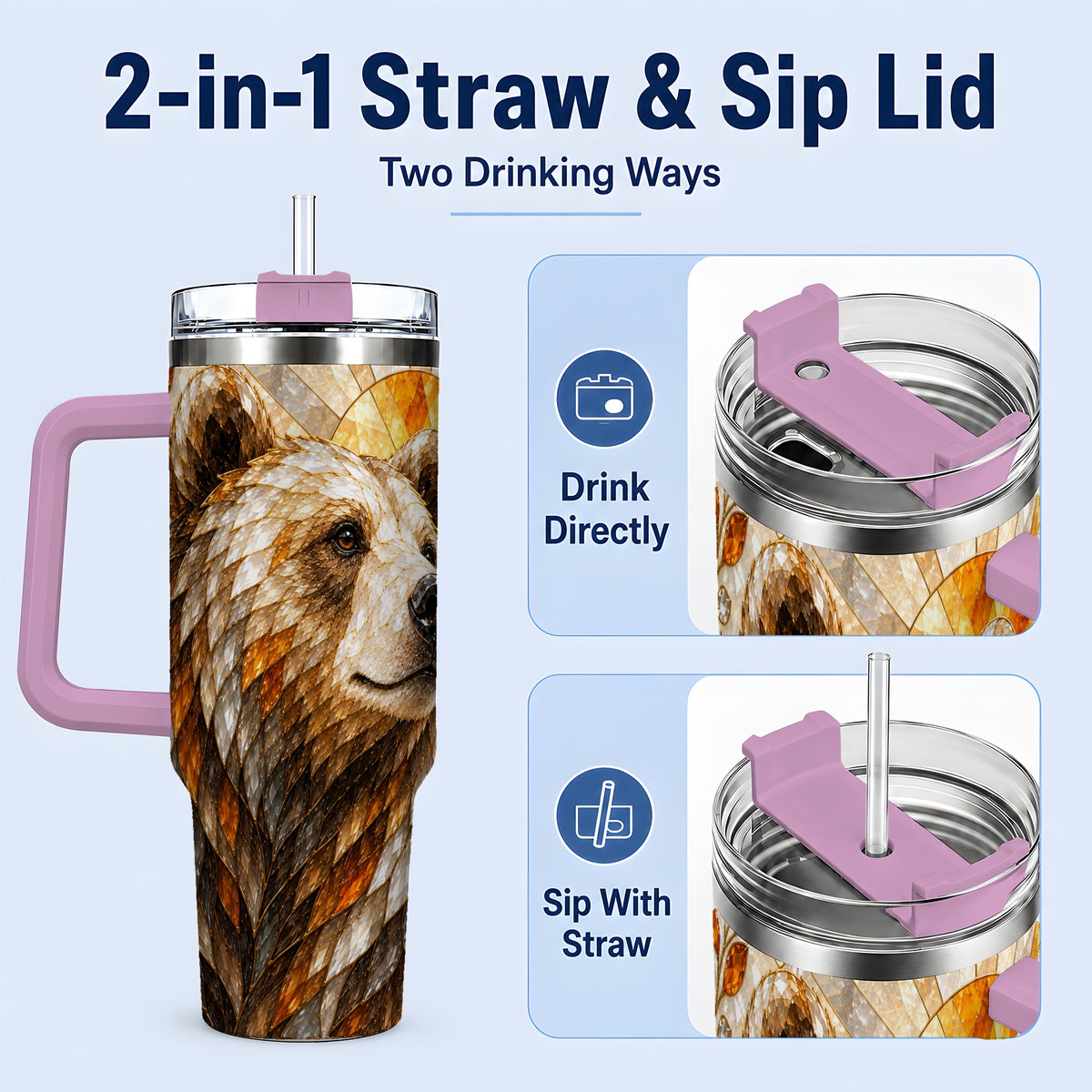 #pl[40oz|Pink] Autumn Bear 40oz Tumbler with Stained Glass Style Forest and Sun Artwork
