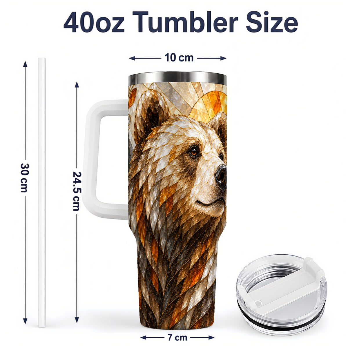 #pl[40oz|White] Autumn Bear 40oz Tumbler with Stained Glass Style Forest and Sun Artwork