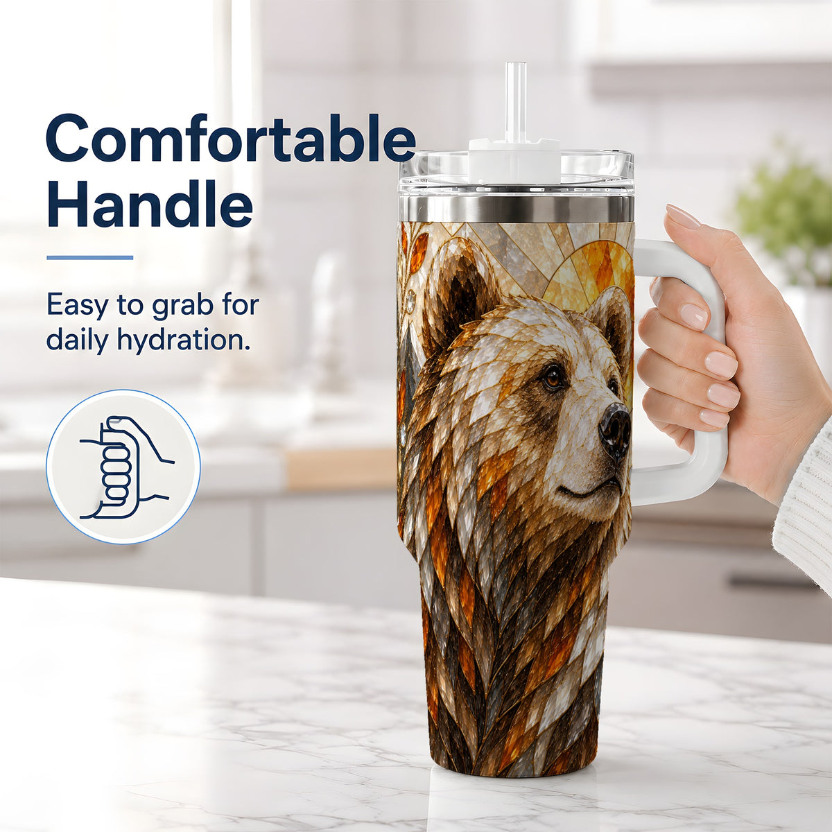 #pl[40oz|White] Autumn Bear 40oz Tumbler with Stained Glass Style Forest and Sun Artwork