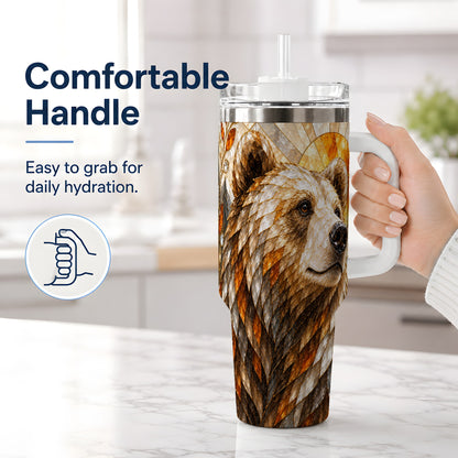 #pl[40oz|White] Autumn Bear 40oz Tumbler with Stained Glass Style Forest and Sun Artwork