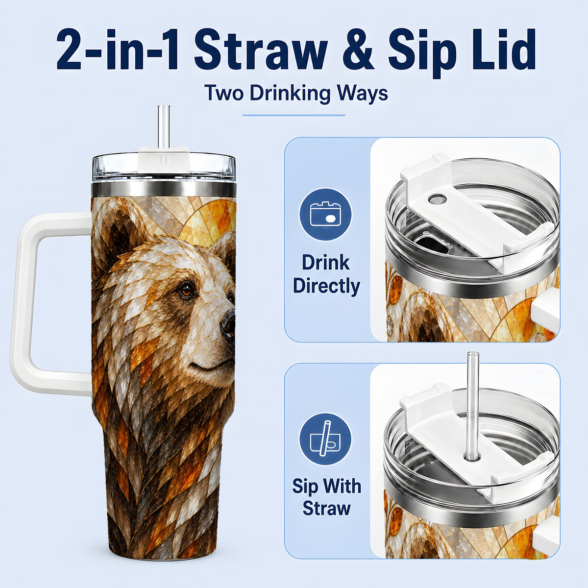 #pl[40oz|White] Autumn Bear 40oz Tumbler with Stained Glass Style Forest and Sun Artwork