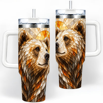 Autumn Bear 40oz Tumbler with Stained Glass Style Forest and Sun Artwork