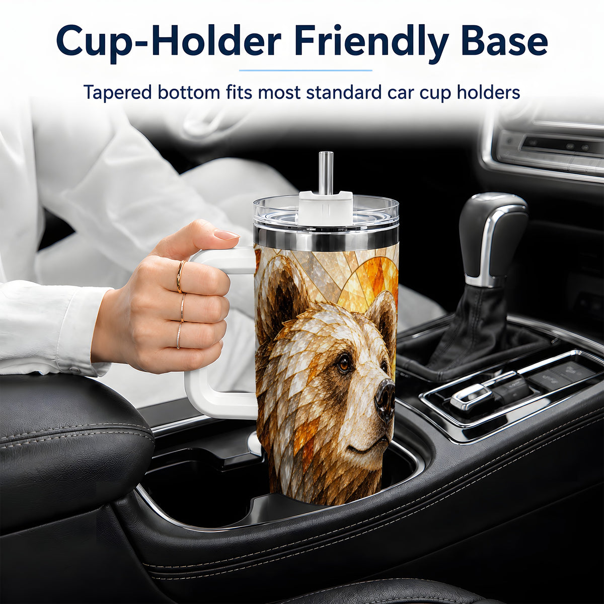 #pl[40oz|White] Autumn Bear 40oz Tumbler with Stained Glass Style Forest and Sun Artwork