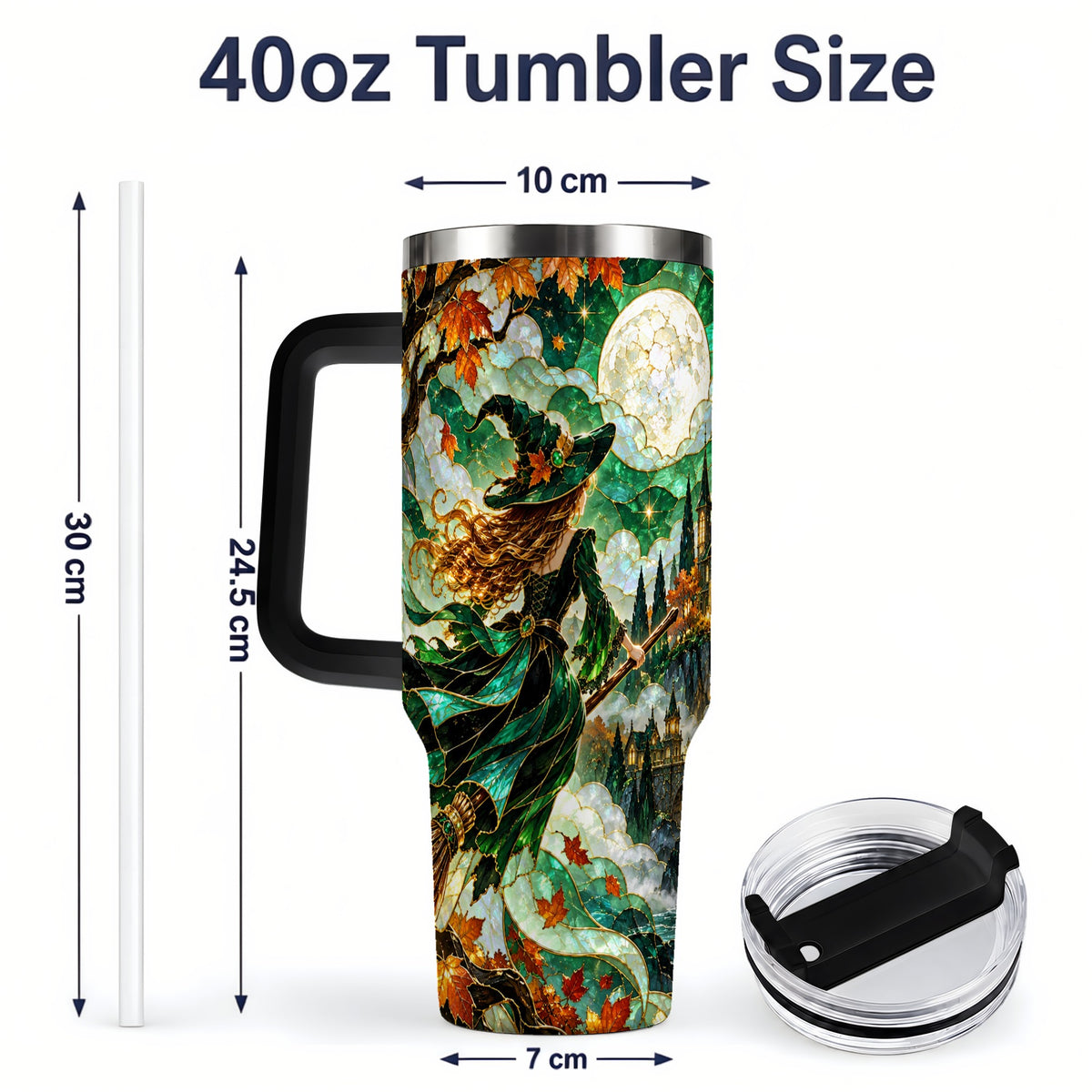 #pl[40oz|Black] Autumn Witch 40oz Tumbler with Moon, Castle and Fall Leaf Artwork