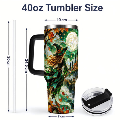 #pl[40oz|Black] Autumn Witch 40oz Tumbler with Moon, Castle and Fall Leaf Artwork