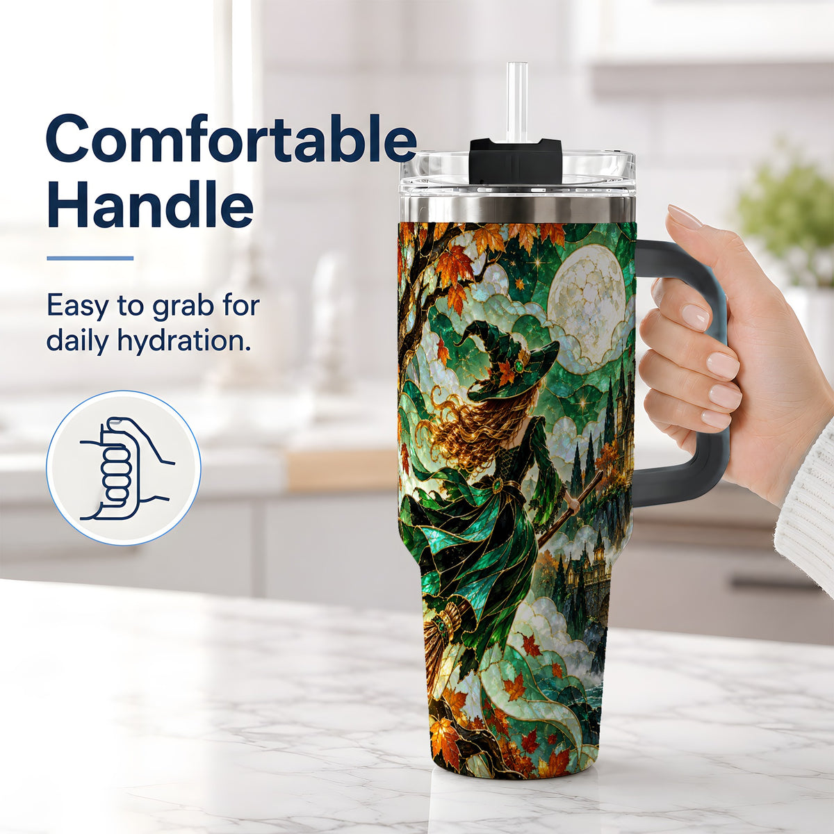 #pl[40oz|Black] Autumn Witch 40oz Tumbler with Moon, Castle and Fall Leaf Artwork