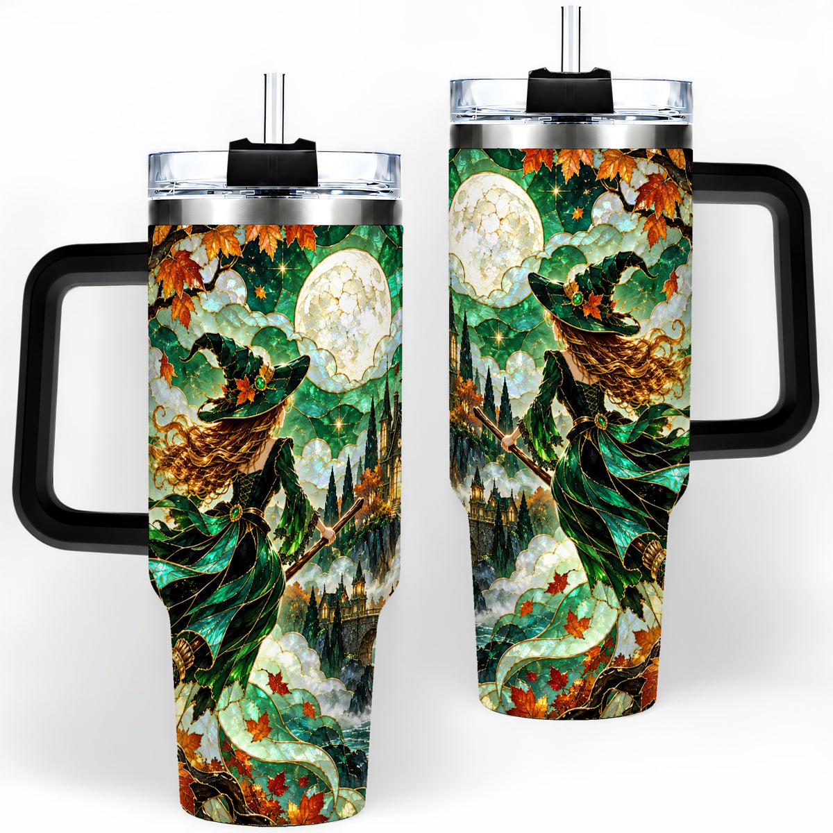 #pl[40oz|Black] Autumn Witch 40oz Tumbler with Moon, Castle and Fall Leaf Artwork