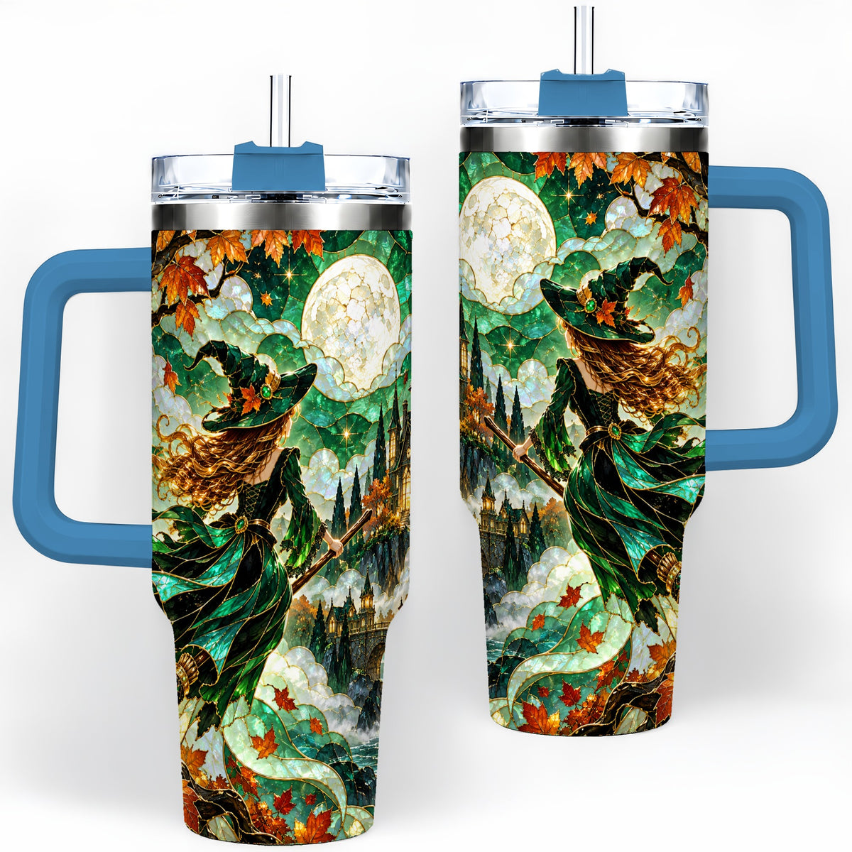 #pl[40oz|Blue] Autumn Witch 40oz Tumbler with Moon, Castle and Fall Leaf Artwork