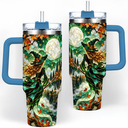 #pl[40oz|Blue] Autumn Witch 40oz Tumbler with Moon, Castle and Fall Leaf Artwork