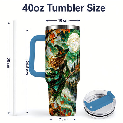 #pl[40oz|Blue] Autumn Witch 40oz Tumbler with Moon, Castle and Fall Leaf Artwork