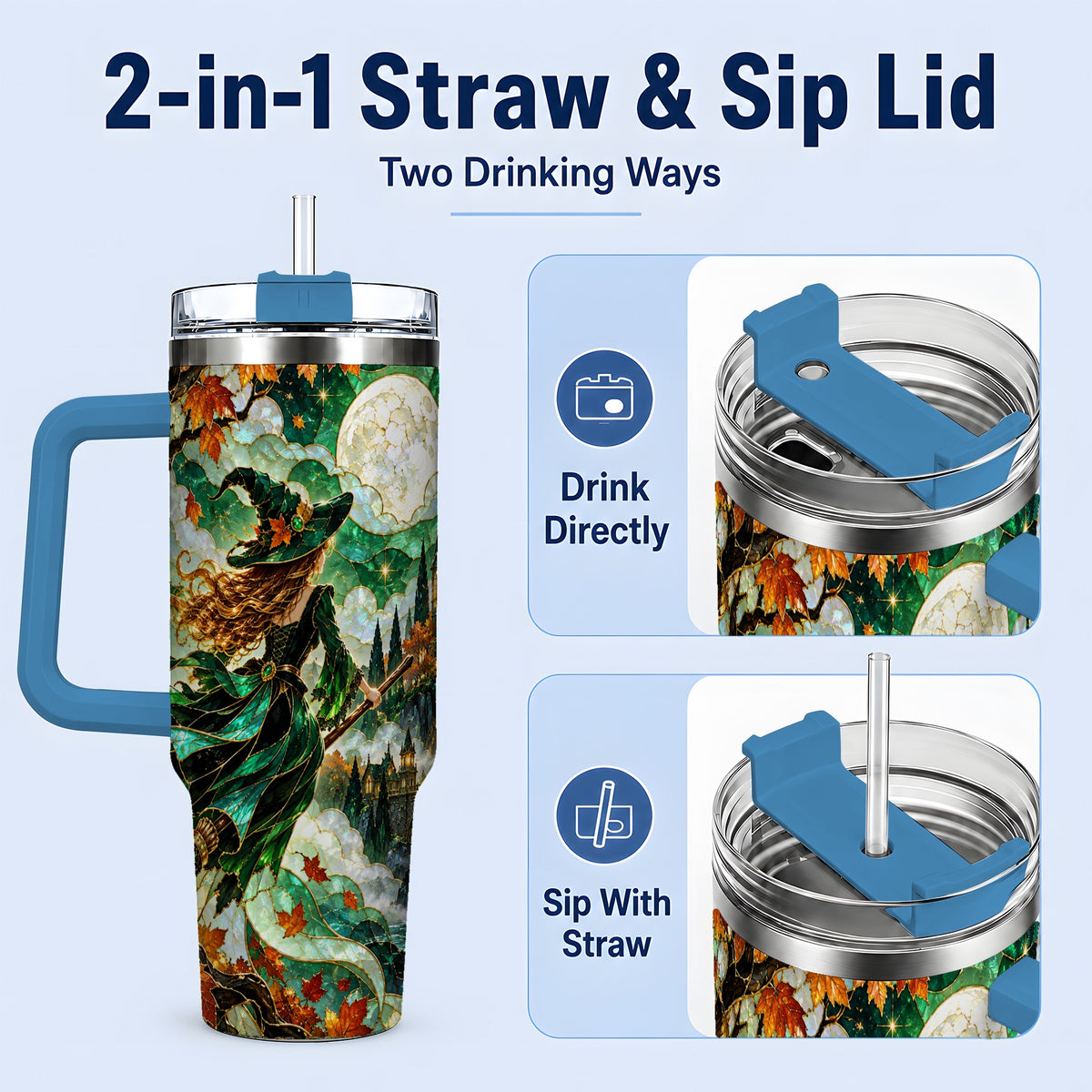 #pl[40oz|Blue] Autumn Witch 40oz Tumbler with Moon, Castle and Fall Leaf Artwork