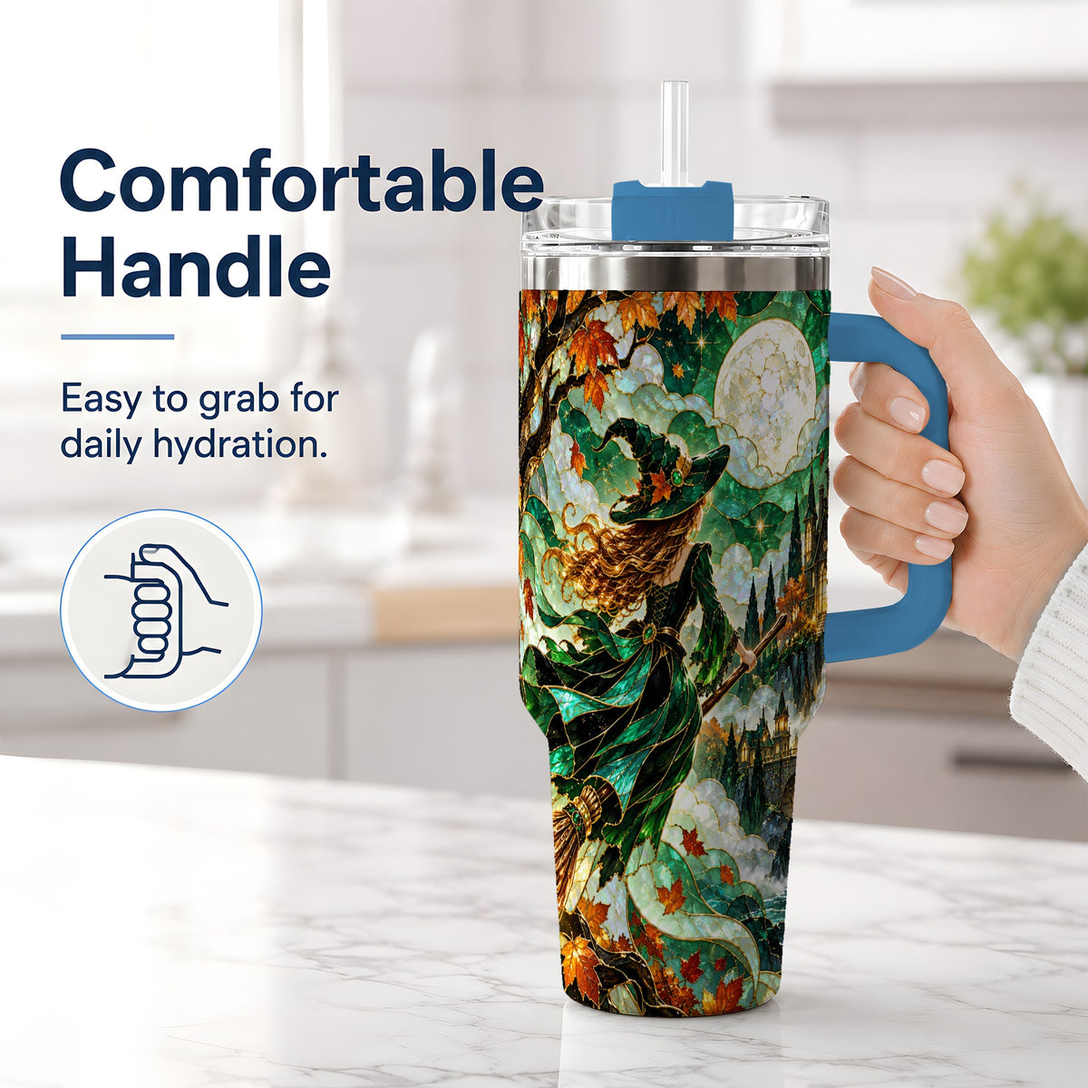 #pl[40oz|Blue] Autumn Witch 40oz Tumbler with Moon, Castle and Fall Leaf Artwork