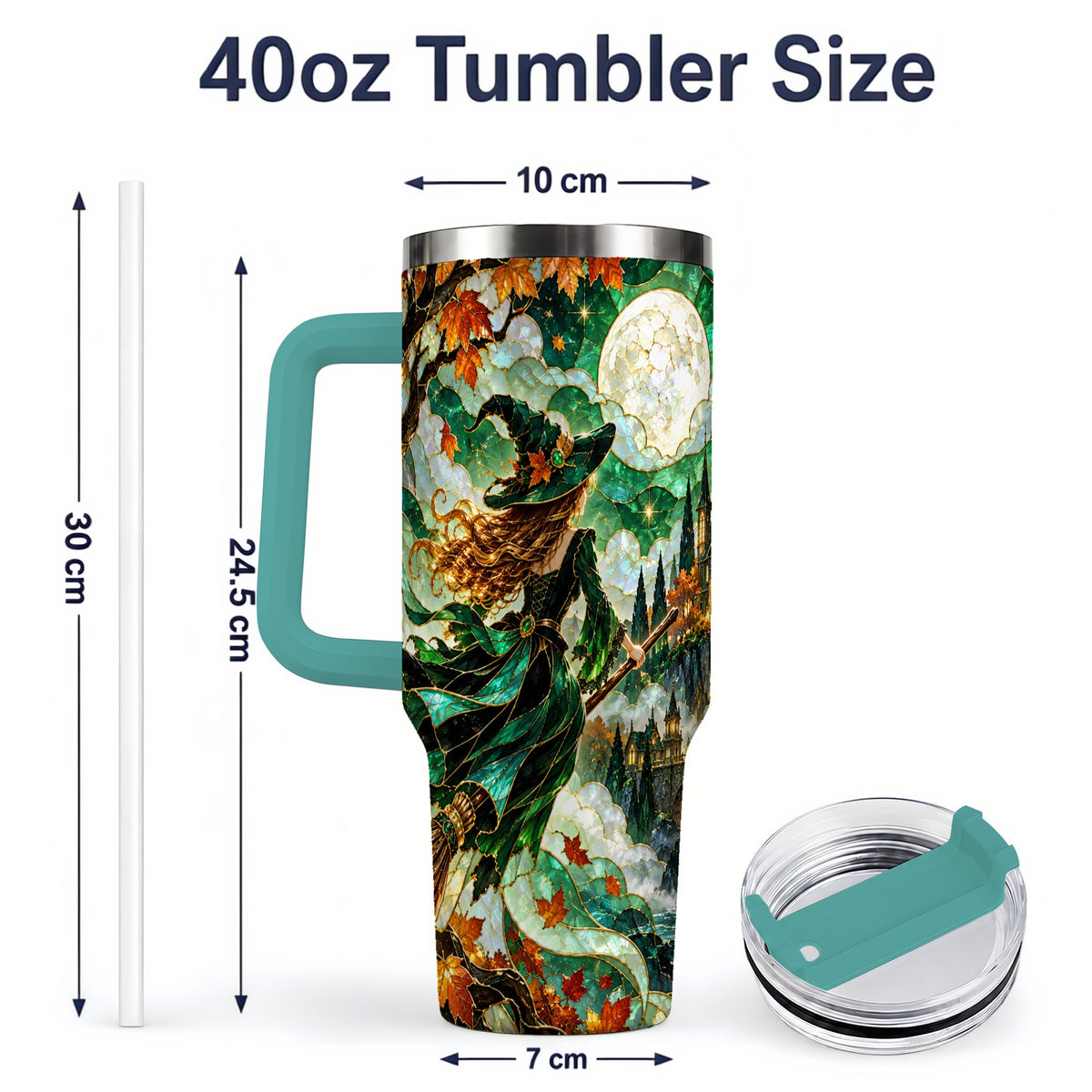 #pl[40oz|Green] Autumn Witch 40oz Tumbler with Moon, Castle and Fall Leaf Artwork