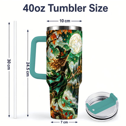 #pl[40oz|Green] Autumn Witch 40oz Tumbler with Moon, Castle and Fall Leaf Artwork