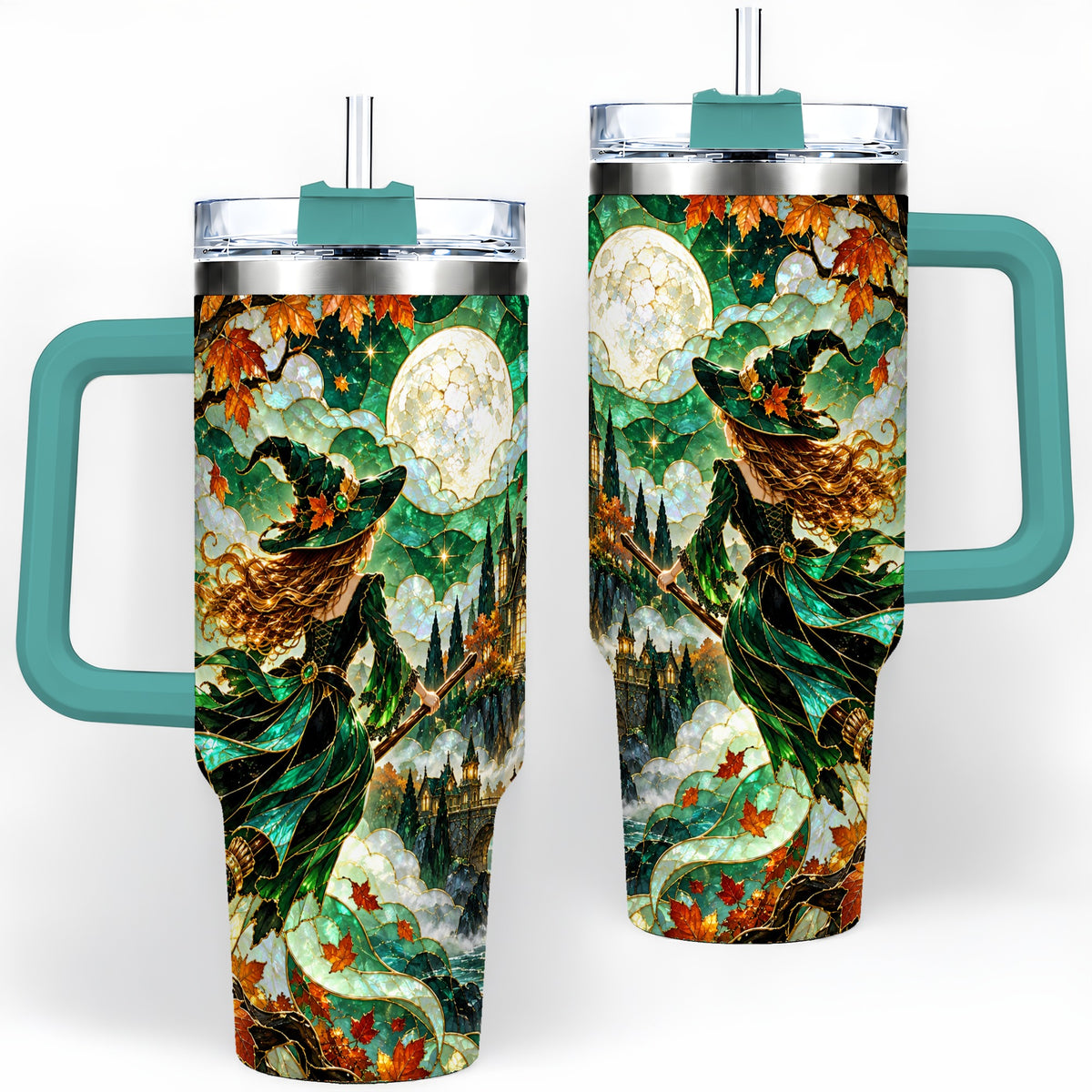 #pl[40oz|Green] Autumn Witch 40oz Tumbler with Moon, Castle and Fall Leaf Artwork