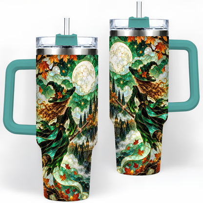 #pl[40oz|Green] Autumn Witch 40oz Tumbler with Moon, Castle and Fall Leaf Artwork