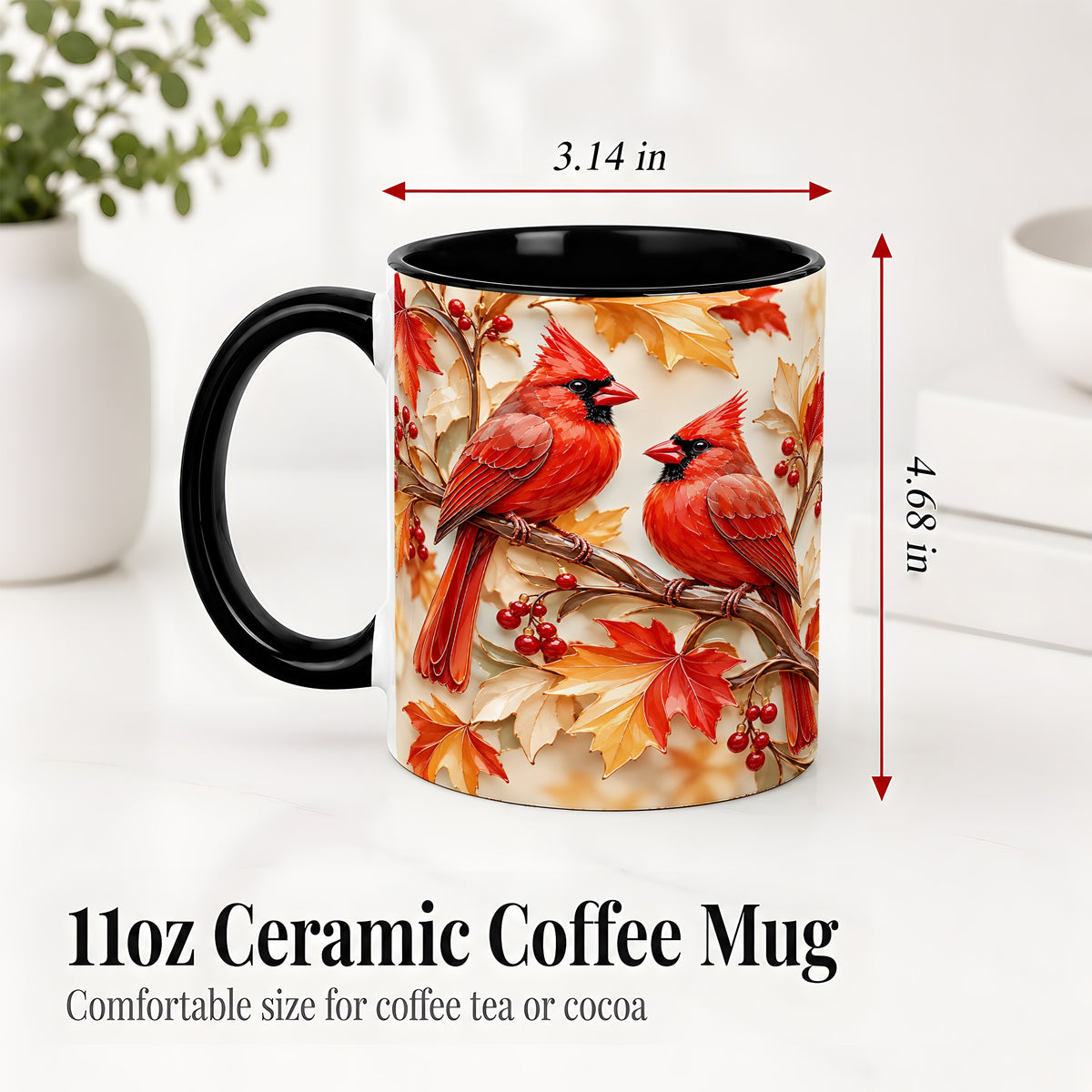 #pl[11oz|Black] Autumn Cardinal Ceramic Mug with Maple Leaves and Berry Artwork